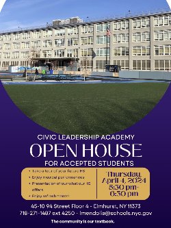 Open House 2024 - for accepted students.  April 4th from 5:30 to 6:30 at CLA on the 4th Floor.